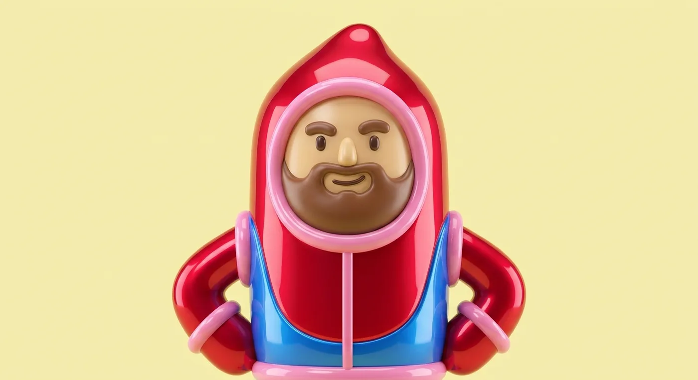 Un agente de F.O.R.R.O. con traje de goma rojo brillante, capucha de punta redonda y cara amigable con barba.