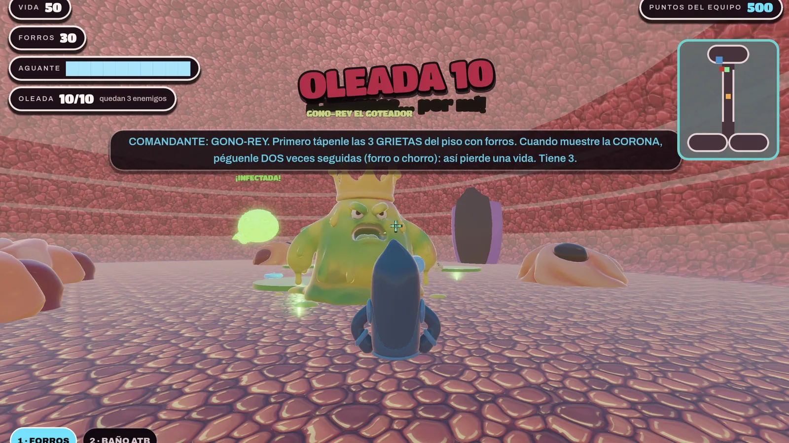 Captura de gameplay: el Comandante da las órdenes para tumbar a Gono-King en la oleada final.
