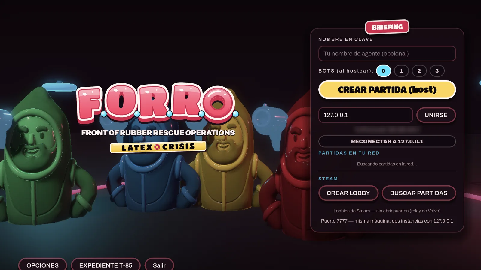 Captura del juego: el menú principal del juego con los cuatro agentes y el logo de F.O.R.R.O.: Latex Crisis.
