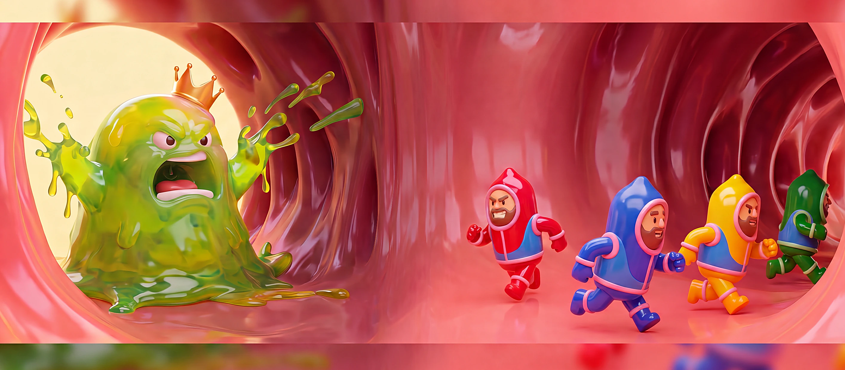 Gono-King, un moco gigante verde con corona dorada, persigue por el Túnel a los cuatro agentes de F.O.R.R.O. con trajes de vinilo rojo, azul, amarillo y verde; el agente rojo mira hacia atrás desafiante.