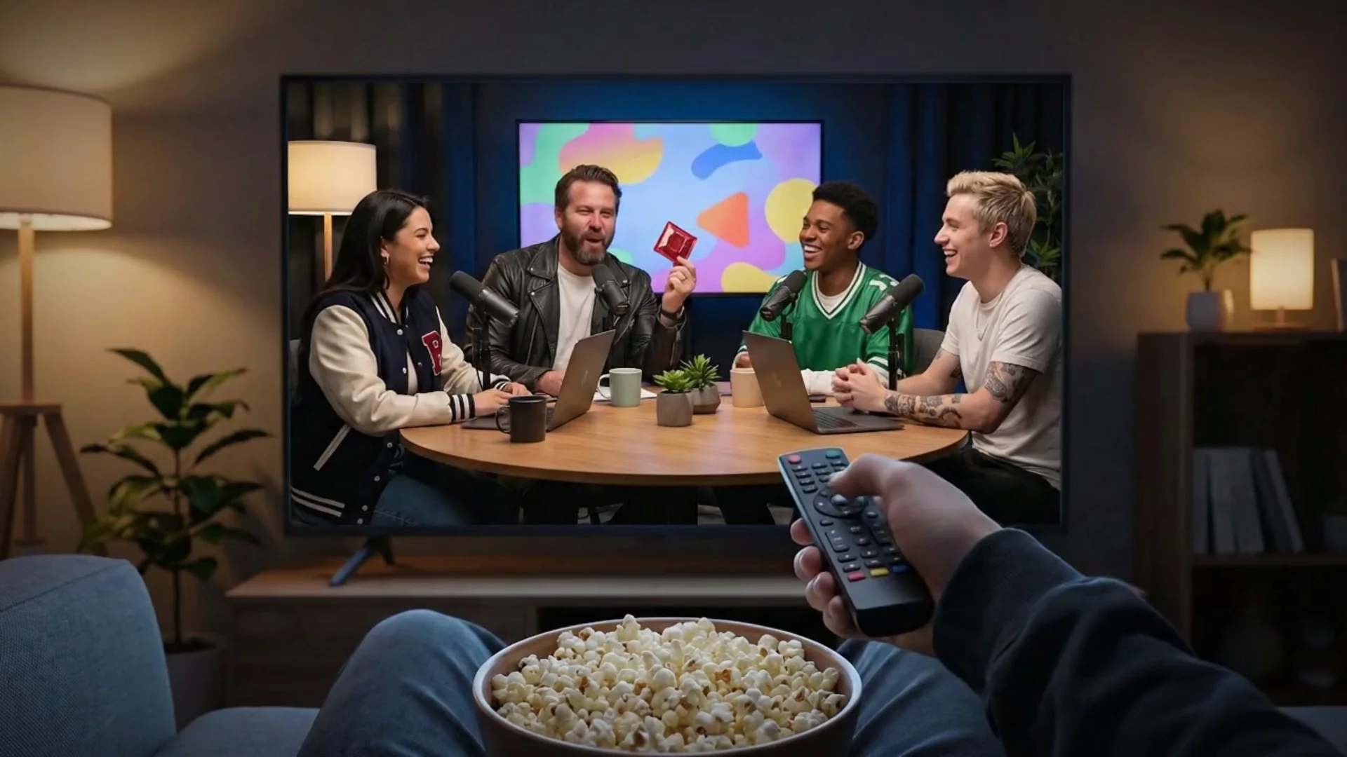 Plano subjetivo desde un sillón: un bol de pochoclos y un control remoto apuntando a la tele, donde cuatro conductores se ríen en un programa de streaming.