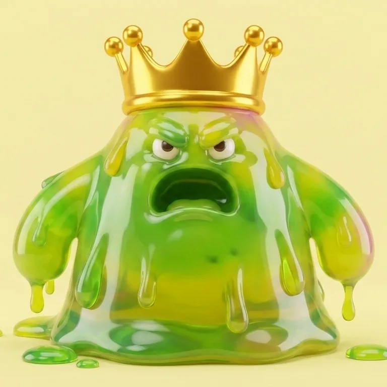 Gono-King el Goteador: moco gigante verde brillante con corona dorada torcida y ojos enojados.